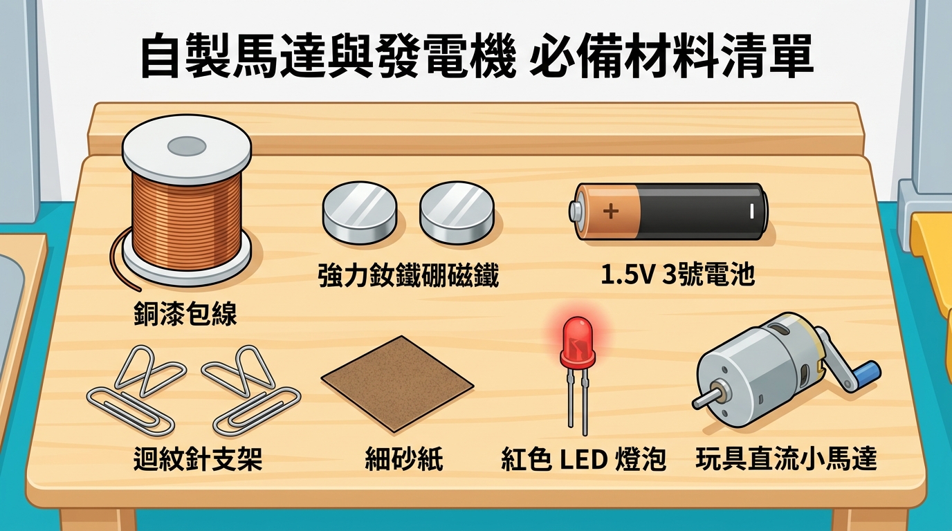 自製馬達與手搖發電機必備材料清單平鋪展示圖（繁體中文標籤）