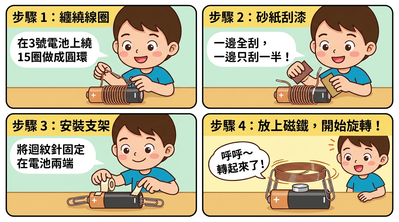 自製簡易旋轉馬達 4 步驟卡通組裝分解圖（繁體中文）