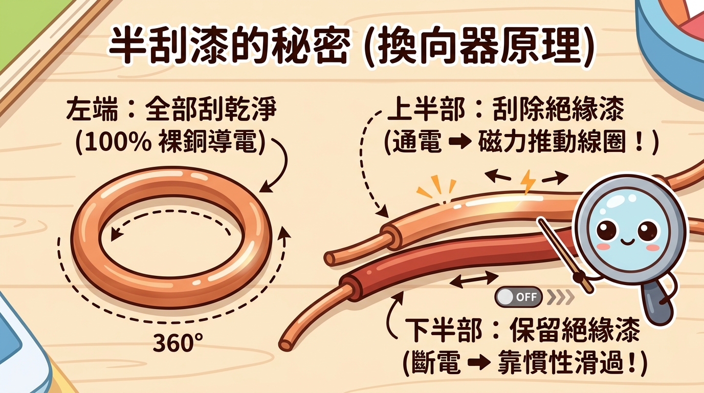 自製馬達半刮漆換向技巧放大特寫圖（繁體中文）