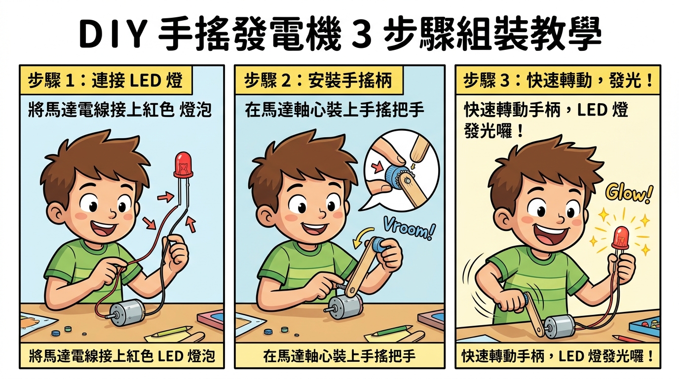 DIY 手搖發電機 3 步驟組裝圖解（繁體中文）