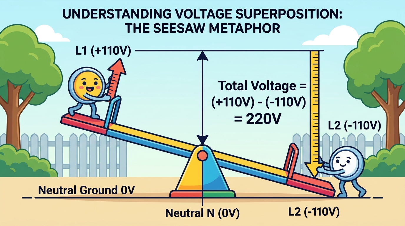 翹翹板電位疊加原理示意圖（110V + 110V = 220V）